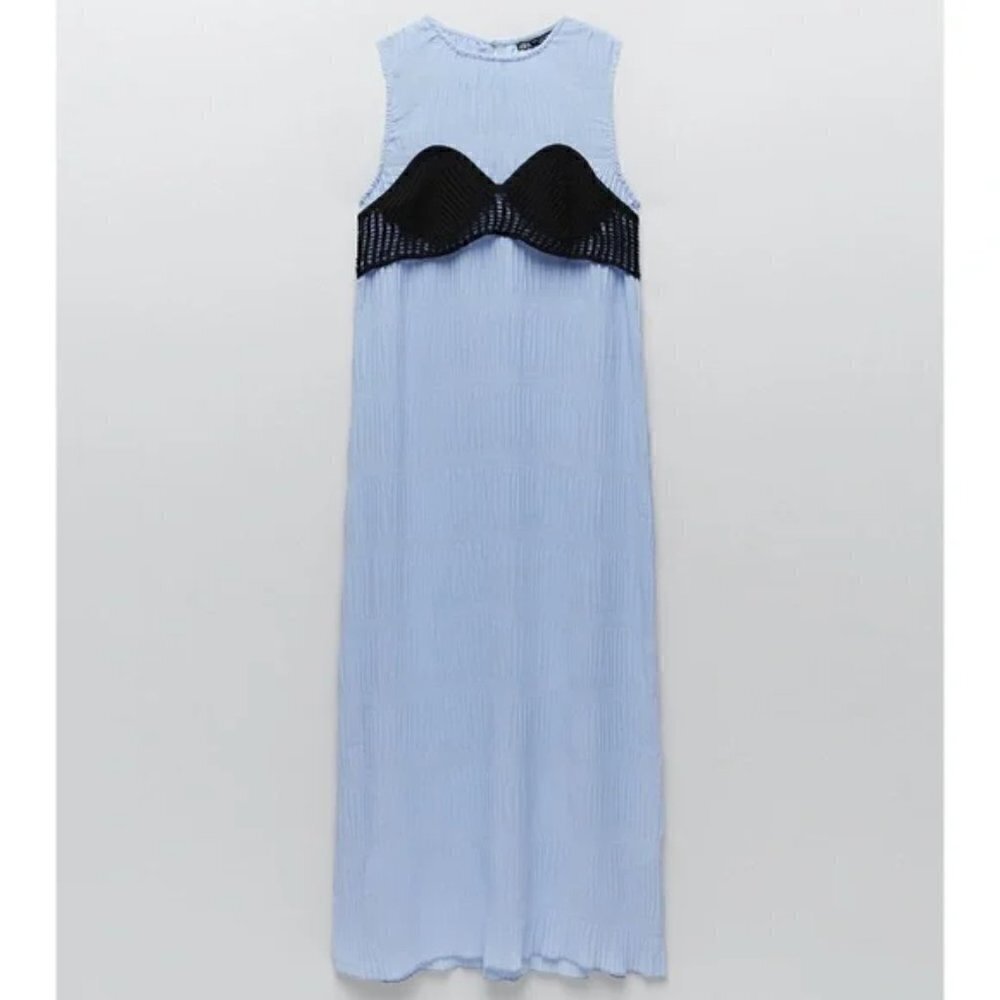 Zara Pleated Crocheted Grecian Crinkle Flowy Maxi Dress NWT Size Small - Picture 10 of 16